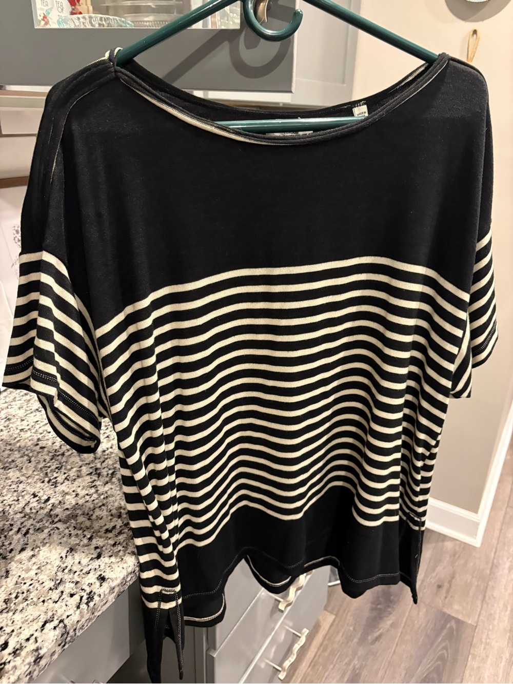 Max Studio Black and Cream Striped Short Sleeve Knit Top